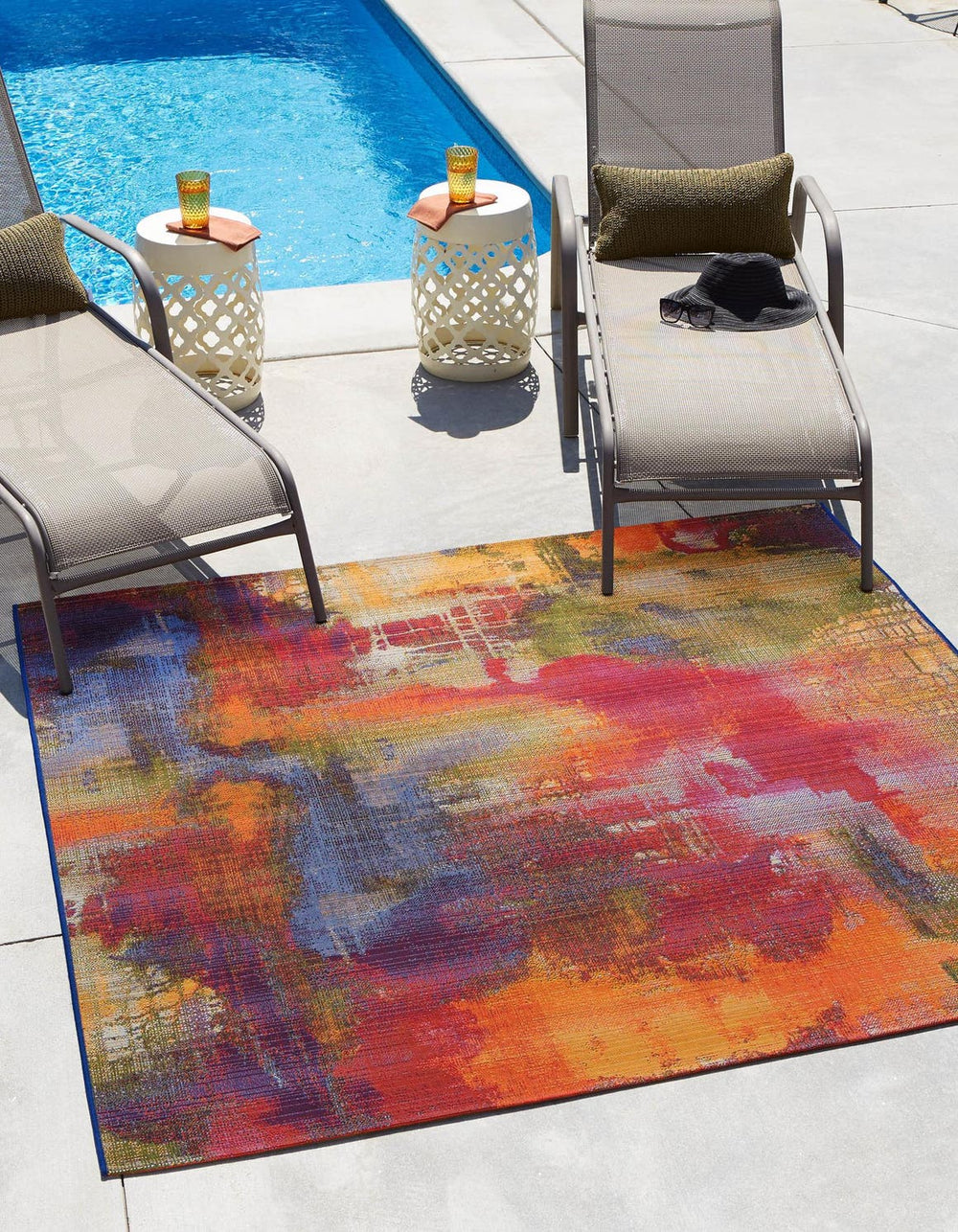 Unique Loom Outdoor Modern Azera Machine Made Abstract Rug Multi, Blue/Brown/Cream/Gold/Green/Navy Blue/Red/Orange 5' 4" x 6' 1"