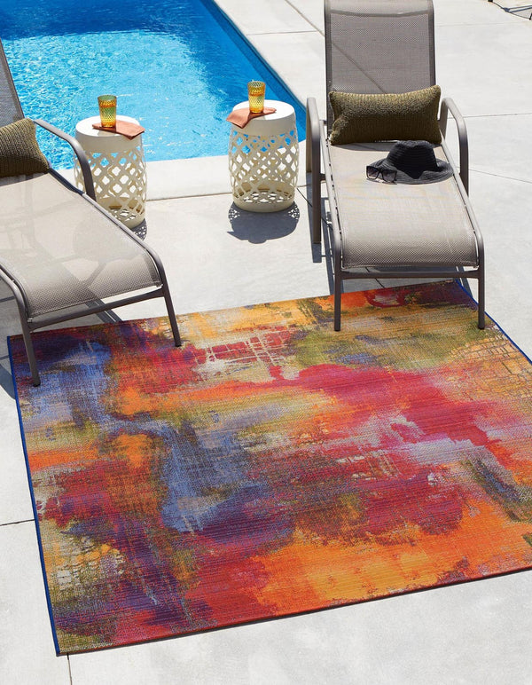 Unique Loom Outdoor Modern Azera Machine Made Abstract Rug Multi, Blue/Brown/Cream/Gold/Green/Navy Blue/Red/Orange 5' 4" x 6' 1"