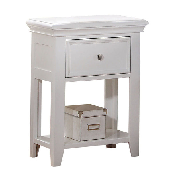 English Elm White Transitional Nightstand with Drawer and Bottom Shelf, Pine Construction, Bright White Finish for Versatile Bedroom Styling B062P186501