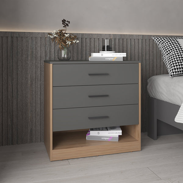 English Elm Alder 27" High Three Drawer Dresser with Open Shelf — Compact Matte Gray & Oak Accent Storage Piece B070P337064