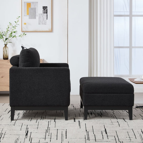 English Elm 35.4" Farmhouse Upholstered Arm Chair & Ottoman Set With Black Boucle For Cozy Living Room Comfort W3118S00001