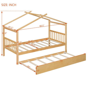 English Elm Twin House Bed Solid Pine Cottage Frame with Pull Out Trundle for Kids Bedroom Natural N708P309238M