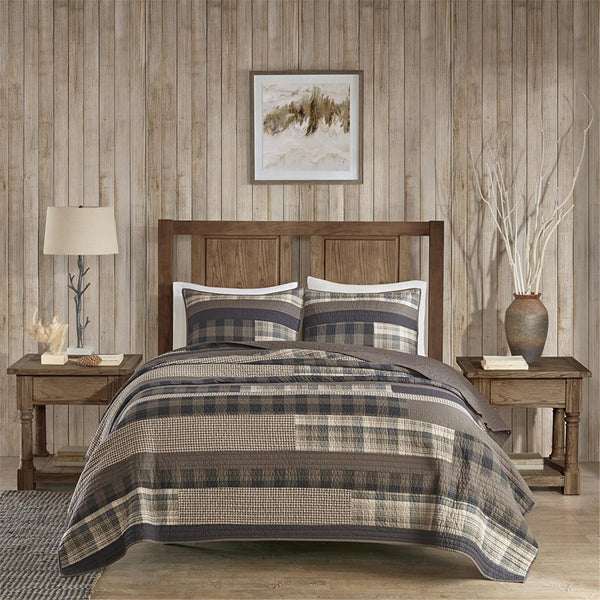 JLA Home Woolrich - 100% Cotton Woolrich Oversized Quilt Mini Set—Reversible Plaid to Solid Brown, Breathable Cozy Layering 96 L x 92 W x 0.25H WR14-1726