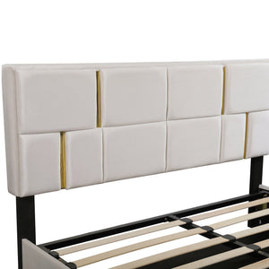 English Elm 2-Pieces Queen Upholstered Platform Bed with Hydraulic Lift and Spacious Storage Ottoman, Elegant Gold Trim Beige 50 L x 16 W x 13 H N733S207778A