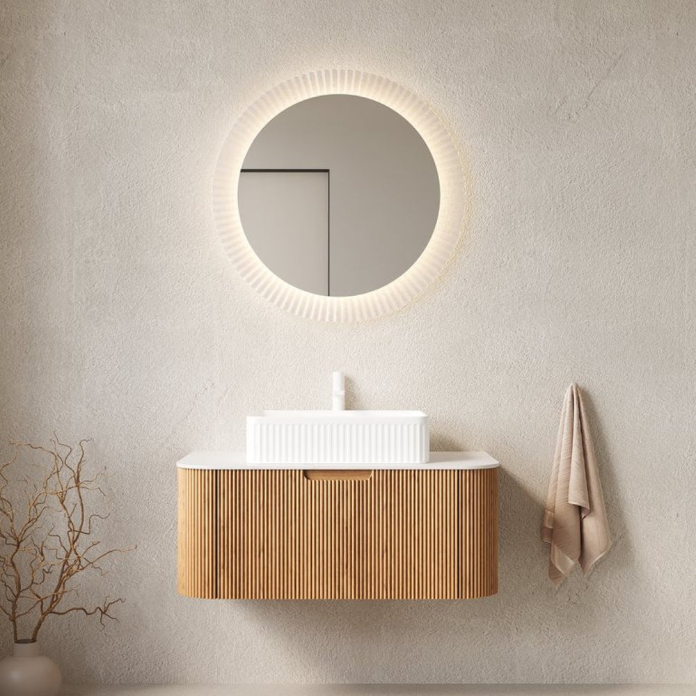 English Elm Dina Floating Bathroom Vanity Sintered Stone Top Glass Basin Striped Plywood Cabinet W2615S00443