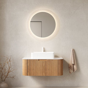 English Elm Dina Floating Bathroom Vanity Sintered Stone Top Glass Basin Striped Plywood Cabinet W2615S00161