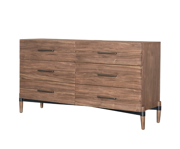 English Elm Tranquility Six Drawer Walnut Veneer Dresser with Tapered Legs and Bronze Hardware B108P411443