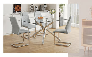 English Elm Table Set - Modern Luxurious Transparent Glass Dining Table With 4 Light Gray Pu Chairs & Metal Legs W1151S04131-GIGA