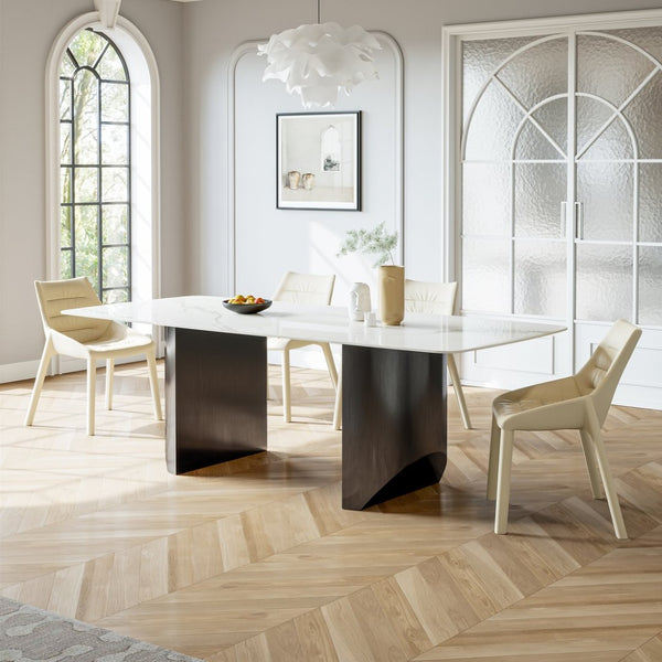 English Elm Carbon Steel Dining Table with Stone Top and Matte Black Frame for Modern Rooms W1002S00008