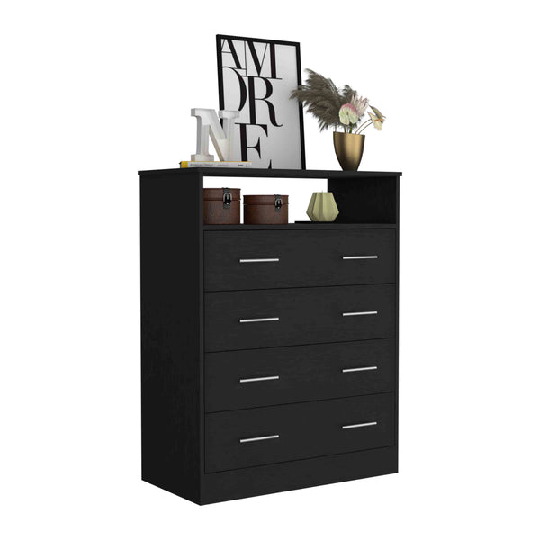 English Elm Four Drawer Dresser with Superior Top and Open Shelf, Engineered Wood, Metal Hardware, Modern Storage Black 46 L x 21 W x 4 H B097S00113