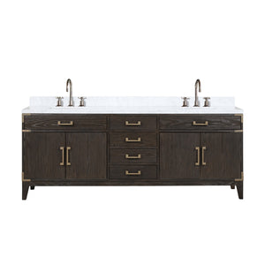 English Elm Brown Oak 84-Inch Double Bath Vanity With Carrara Marble Top And Chrome Faucet Set For Luxury Bathrooms B2731P259961