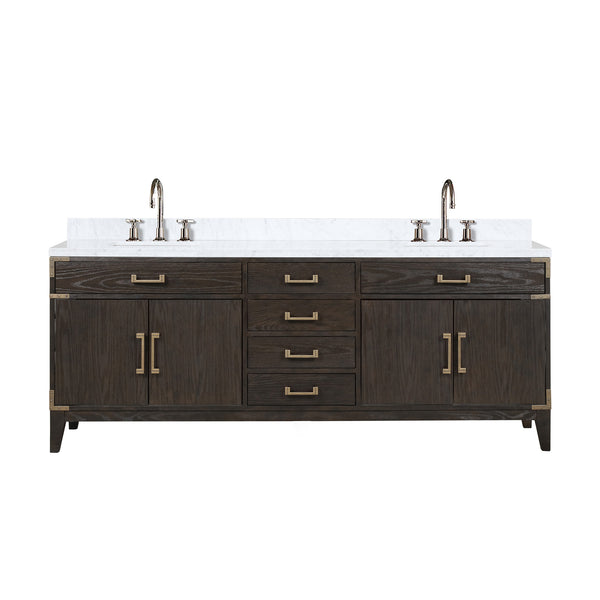 English Elm Brown Oak 84-Inch Double Bath Vanity With Carrara Marble Top And Chrome Faucet Set For Luxury Bathrooms B2731P259961