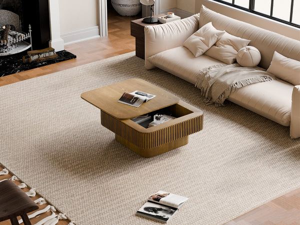 English Elm 31.5'' Square Wood Veneer Flip Top Storage Coffee Table with Slat Detail for Living Rooms Brown W1435P375248