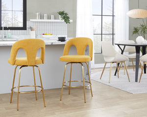 English Elm Fixed-height Swivel Counterstools with White Upholstery Gold Footrest Set of 2 Yellow B202S01783