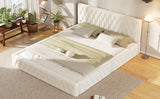 English Elm Queen Size Upholstered Bed With Tufted Headboard, Modern Velvet Platform Bed , No Box Spring Required, White