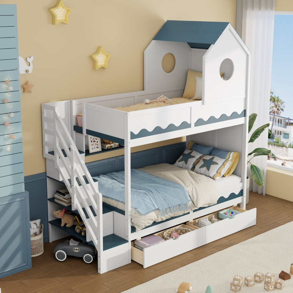 English Elm Twin Over Kids Bunk Bed with Castle Roofline Led Lights and Staircase Storage White N820S00068K