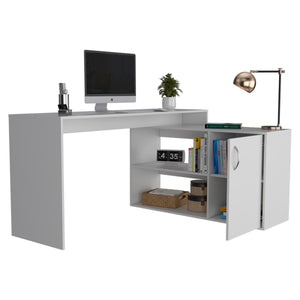 English Elm Dallas L-Shaped Home Office Desk with Spacious Work Surface, Two Open Shelves and Cabinet Storage Solution White 34 L x 24 W x 5 H B128S00164