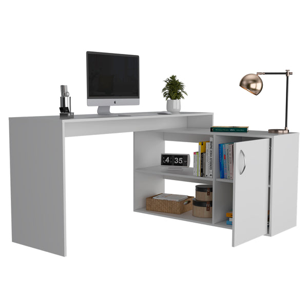 English Elm Dallas L-Shaped Home Office Desk with Spacious Work Surface, Two Open Shelves and Cabinet Storage Solution White 34 L x 24 W x 5 H B128S00164
