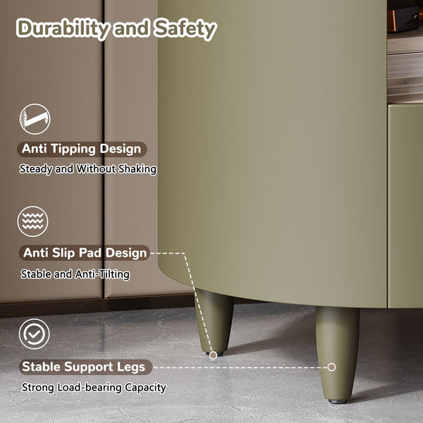 English Elm Christopher Knight Home® - Contemporary Round Nightstand with Drawer & Open Shelf, Curved Bedside Table with Leather Handles Green 22 L x 22 W x 19.75 H N761P285708F