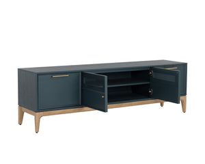 Sunpan Rivero Mid-Century Modern Media Console in Teal Oak with Gold Hardware and Ample Storage Solutions