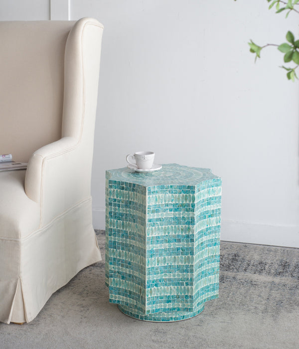 English Elm 17x17x20" Turquoise Capiz Stool with Starburst Floral Inlay — Textured Pedestal Accent Table for Living Room W2078P326533