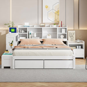 English Elm Full Size Wooden Platform Bed With Desk, Storage Drawers, Usb Ports, Nightstand & Modern Design N820S00029K