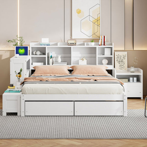 English Elm Full Size Wooden Platform Bed With Desk, Storage Drawers, Usb Ports, Nightstand & Modern Design N820S00029K