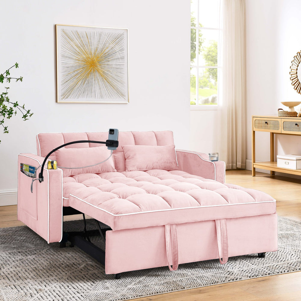 English Elm 55.51 Modern Foldable Velvet Sofa Bed, 3-Length Convertible Loveseat to Full Bed with USB, Swivel Stand, Ashtray (PINK) W2353P263923