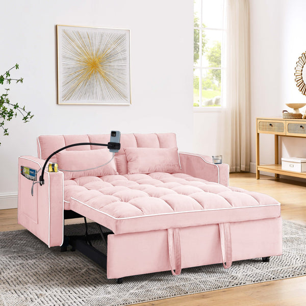 English Elm 55.51 Modern Foldable Velvet Sofa Bed, 3-Length Convertible Loveseat to Full Bed with USB, Swivel Stand, Ashtray (PINK) W2353P263923