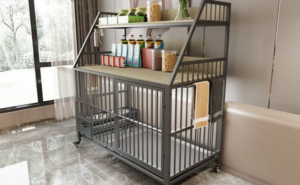 English Elm Large Pet Cage with Iron Frame Mdf Panels Storage Rack and Steel Feeding Basins Beige,Black W3064P245386