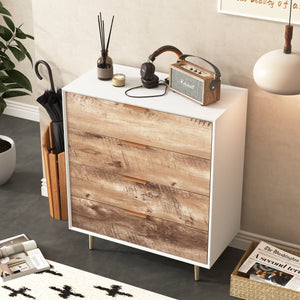 English Elm Wooden Tall 4 Drawer Dresser with Metal Legs, White+Natural Finish, Anti-Tip, Spacious Storage W409P171913