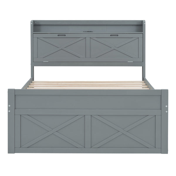English Elm Full Full Size Wooden Bed with Storage Headboard, Built-In Outlets, Trundle & 3 Drawers for Space-Saving Bedrooms Gray 80.51 L x 17.12 W x 4.57 H N733S172712E