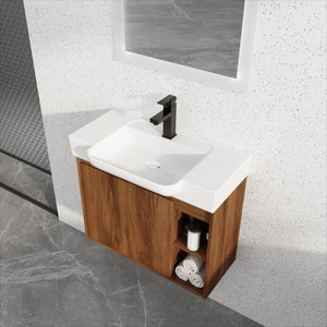 English Elm 28'' 28" Wall-Mounted Bathroom Vanity with White Ceramic Sink, Soft-Close Door, Open Shelves, KD-Pack W999P263409