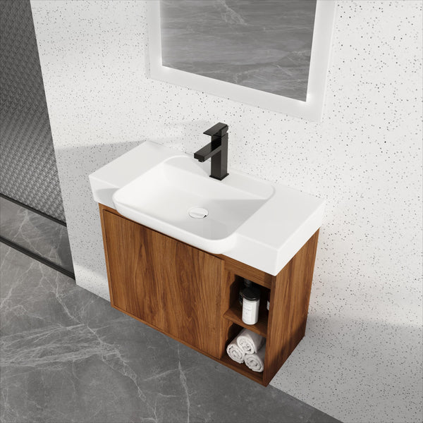 English Elm 28'' 28" Wall-Mounted Bathroom Vanity with White Ceramic Sink, Soft-Close Door, Open Shelves, KD-Pack W999P263409