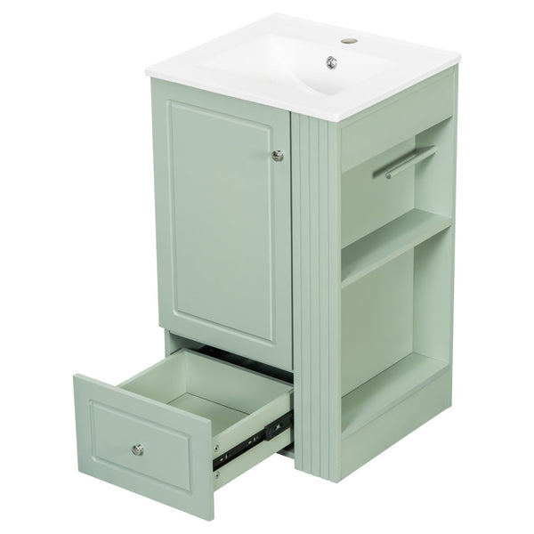 English Elm 20" Freestanding Bathroom Vanity Mdf Cabinet Ceramic Sink Open Shelves Powder Room Green N725P364210F