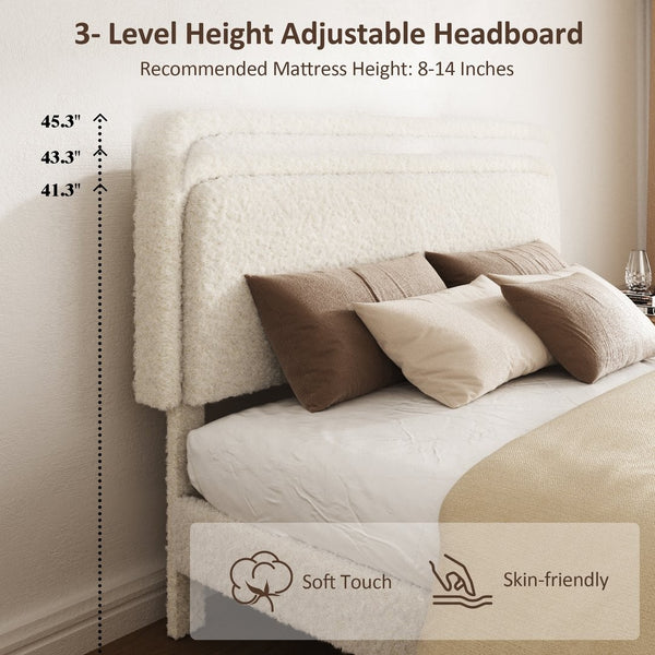 English Elm Queen Velvet Tufted Platform Bed Adjustable Headboard Steel Frame No Box Spring Beige W5239P502751