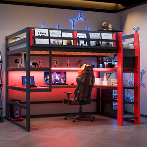 English Elm Full Size Gaming Loft Bed with Rgb Lights Wraparound Shelves and Built-in Usb Ports Red LT000299AAJ