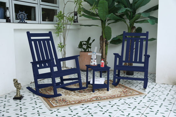 English Elm All Weather Rocking Chair Set with Side Table - Durable Wood-Texture Outdoor 3-Piece Patio Rockers Navy Blue W2103P278564