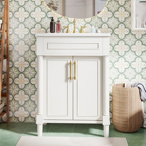 English Elm 24" Bathroom Vanity with Integrated Ceramic Sink and Adjustable Shelf, Vintage Hardware, Space-Saving Design White N710P277711K