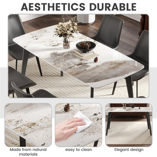 English Elm 62.99" Modern Artificial Stone Dining Table With Curved Edges & Dark Grey Metal Legs For 6 People P1 W1535S00526-GIGA