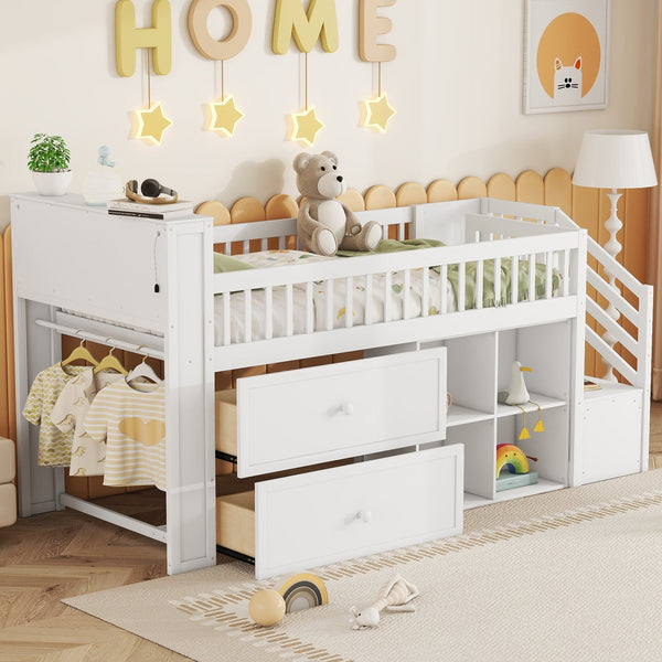 English Elm Twin Loft Bed with Built-In Stairs, Shelves, Hanging Rod & 2 Drawers for Space-Saving Kids Room White 45.87 L x 18.5 W x 10.83 H W2593S00004