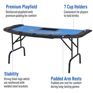 English Elm Soozier Foldable Poker Table, 72" Blackjack For 7 Players With Padded Rails & Cup Holders, Blue Felt W2225P217204-GIGA