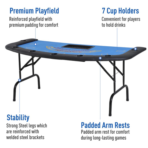 English Elm Soozier Foldable Poker Table, 72" Blackjack For 7 Players With Padded Rails & Cup Holders, Blue Felt W2225P217204-GIGA