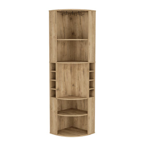 English Elm Oban Corner Bar Cabinet with Five Shelves, Eight Bottle Cubbies and Space-Saving Tall Storage Design Beige 45 L x 23 W x 4 H B070S00252