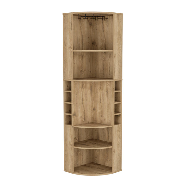 English Elm Oban Corner Bar Cabinet with Five Shelves, Eight Bottle Cubbies and Space-Saving Tall Storage Design Beige 45 L x 23 W x 4 H B070S00252