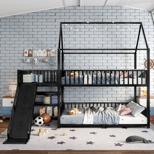 English Elm Full Metal House Bunk Bed with Slide Storage Stairs and Safety Rails for Kids W1580S00345