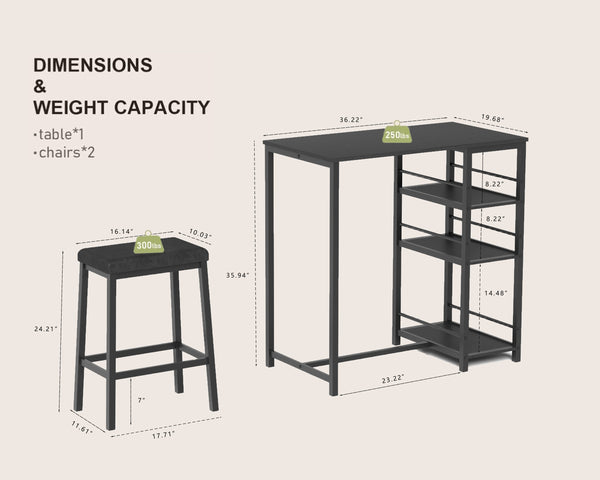 English Elm Dining Table Set for 2 with 3-Tier Storage Shelves, Counter Height PU Leather Stools, Space-Saving Black W2129P297195