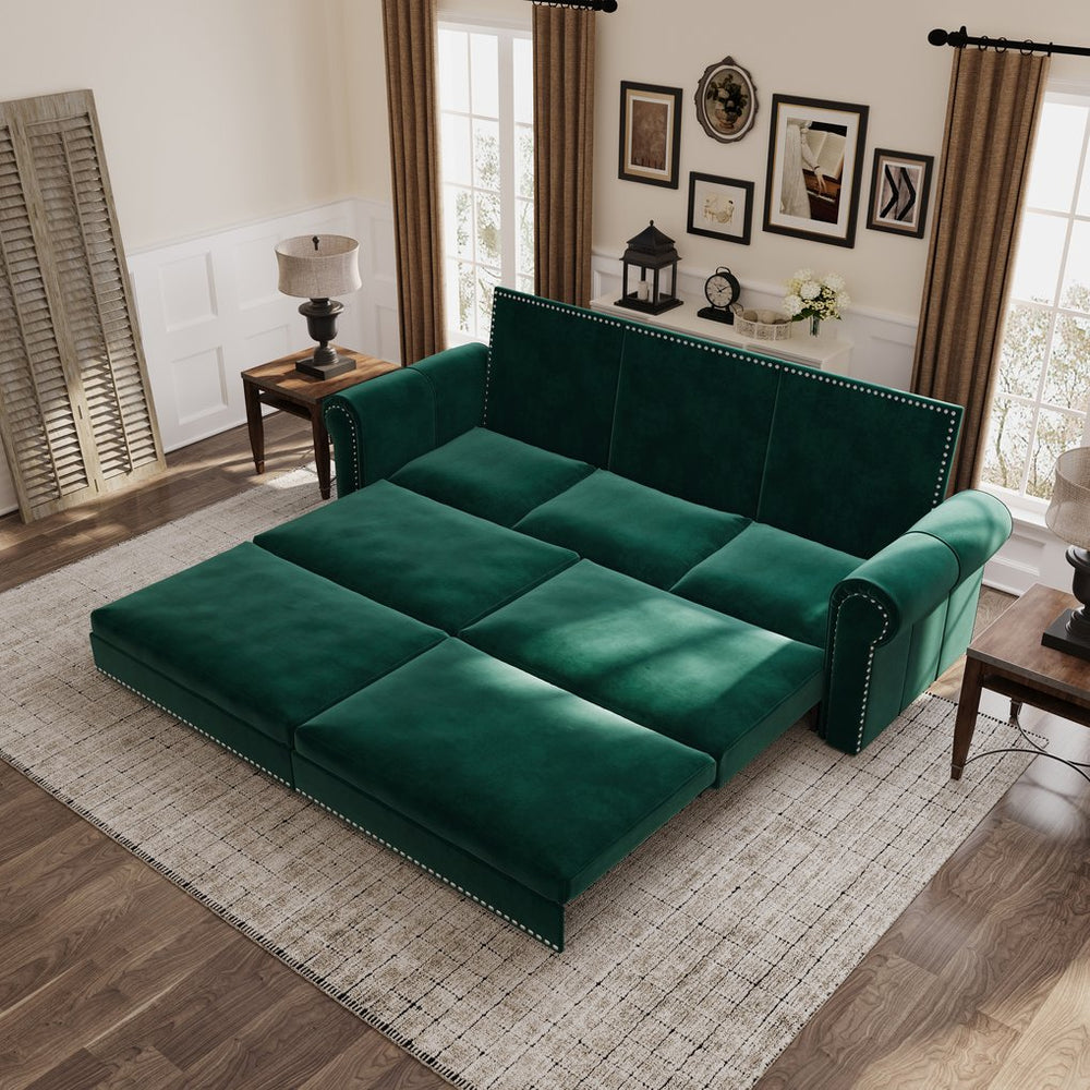 English Elm Chesterfield Sofa, 93.7" Velvet 3-In-1 Convertible Sleeper Bed With Nailhead Trim & Pillows, Green W1885S00099