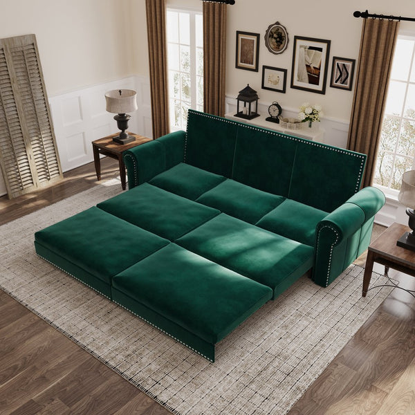 English Elm Chesterfield Sofa, 93.7" Velvet 3-In-1 Convertible Sleeper Bed With Nailhead Trim & Pillows, Green W1885S00099