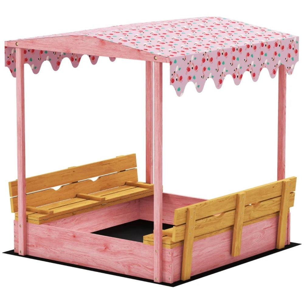 English Elm Outdoor Fir Wood Kids Sandbox with Flamingo Canopy and Convertible Bench Seating T3971P480686